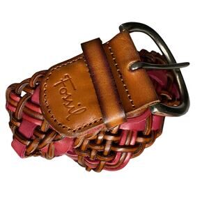 Vintage 90s Fossil Braided Leather Belt in Brown and Red with Silver-Tone Buckle
